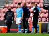 Manchester City's head coach Pep Guardiola talks with substitute player Phil Foden during the English Premier League soccer match between Southampton and Manchester City at St. Mary's Stadium in Southampton, England, Sunday, July 5, 2020. (AP Photo/Will Oliver,Pool)