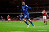 Leicester's Jamie Vardy celebrates after scoring his team's first goal during the English Premier League soccer match between Arsenal and Leicester City at Emirates Stadium in London, England, Sunday, Oct. 25, 2020. (Catherine Ivill/Pool via AP)