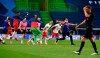 RB Leipzig players celebrate after winning their Champions League quarterfinal match against Atletico Madrid at the Jose Alvalade stadium in Lisbon, Portugal, Thursday, Aug. 13, 2020. (Lluis Gene/Pool Photo via AP)