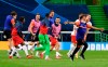 RB Leipzig players celebrate after winning their Champions League quarterfinal match against Atletico Madrid at the Jose Alvalade stadium in Lisbon, Portugal, Thursday, Aug. 13, 2020. (Lluis Gene/Pool Photo via AP)