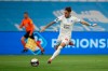 Marseille's Pol Lirola passes the ball during the French League One soccer match between Marseille and Dijon at the Stade Veledrome stadium in Marseille, France, Sunday, April 4, 2021. (AP Photo/Daniel Cole)