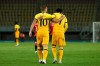 Tottenham's Harry Kane and his teammate Son Heung-min walk together after scoring the third goal of his team against Shkendija during a Europa League third qualifying round soccer match between Shkendija and Tottenham at the National Arena Todor Proeski in Skopje, North Macedonia, Thursday, Sept. 24, 2020. (AP Photo/Boris Grdanoski)