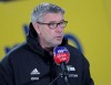 Union's head coach Urs Fischer speaks to media ahead the German Bundesliga soccer match between RB Leipzig and 1. FC Union Berlin in Leipzig, Germany, Wednesday, Jan. 20, 2021. (AP Photo/Michael Sohn)