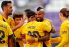 Barcelona's Arturo Vidal, second right, celebrates with teammates after scoring his side's first goal during the Spanish La Liga soccer match between Valladolid and FC Barcelona at the Jose Zorrilla stadium in Valladolid, Spain, Saturday, July 11, 2020. (AP Photo/Manu Fernandez)