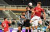 Manchester United's Harry Maguire, second right, scores their first goal during the English Premier League soccer match between Newcastle United and Manchester United at St. James' Park in Newcastle, England, Saturday, Oct. 17, 2020. (Stu Forster/Pool via AP)