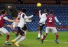 Fulham's Ola Aina, second right, scores his side's opening goal during the English Premier League soccer match between Burnley and Fulham at Turf Moor, Burnley, England, Wednesday, Feb. 17, 2021. (Carl Recine/Pool via AP)