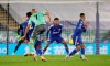 Everton's Richarlison scores his side's opening goal during the English Premier League soccer match between Leicester City and Everton at the King Power Stadium in Leicester, England, Wednesday, Dec. 16, 2020. (Nick Potts/Pool via AP)
