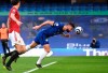 Chelsea's Olivier Giroud makes an attempt to score during the English Premier League soccer match between Chelsea and Manchester United at Stamford Bridge Stadium in London, England, Sunday, Feb. 28, 2021. (Andy Rain/Pool via AP)