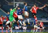 Everton's goalkeeper Jordan Pickford punches the ball away during the English Premier League soccer match between Everton and Southampton at Goodison Park in Liverpool, England, Monday, March 1, 2021. (Clive Brunskill/Pool via AP)