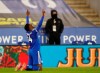 Leicester's Kelechi Iheanacho celebrates after scoring his side's second goal during the English Premier League soccer match between Leicester City and Crystal Palace at the King Power Stadium in Leicester, England, Monday, April 26, 2021. (Andrew Boyers/Pool via AP)