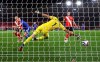 Leicester's Jonny Evans, second left, scores his side's opening goal during the English Premier League soccer match between Southampton and Leicester City at St. Mary's Stadium in Southampton, England, Friday, April 30, 2021. (Michael Steele/Pool via AP)