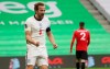 England's Harry Kane celebrates his side's first goal during the World Cup 2022 group I qualifying soccer match between Albania and England at Air Albania stadium in Tirana, Sunday, March 28, 2021. England won 2-0. (AP Photo/Hektor Pustina)