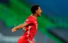 Bayern's Serge Gnabry celebrates after scoring the opening goal of his team during the Champions League semifinal soccer match between Lyon and Bayern Munich at the Jose Alvalade stadium in Lisbon, Portugal, Wednesday, Aug. 19, 2020. (Miguel A. Lopes/Pool via AP)
