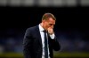 Leicester's manager Brendan Rodgers reacts after the English Premier League soccer match between Everton and Leicester at Goodison Park in Liverpool, England, Wednesday, July 1, 2020. Everton won 2-1. (Peter Powell/Pool via AP)
