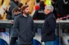 Juventus' head coach Andrea Pirlo, left, speaks to Dynamo Kyiv's head coach Mircea Lucescu before the Champions League, group G, soccer match between Dynamo Kyiv and Juventus at the Olimpiyskiy Stadium in Kyiv, Ukraine, Tuesday, Oct. 20, 2020. (Valentyn Ogirenko/Pool via AP)