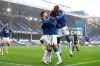 Everton's James Rodriguez celebrates after scoring his side's third goal during the English Premier League soccer match between Everton and Brighton at the Goodison Park stadium in Liverpool, England, Saturday, Oct. 3, 2020. (Jan Kruger/Pool via AP)