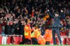 Arsenal's head coach Mikel Arteta celebrates at the end of the English Premier League soccer match between Arsenal and Newcastle at the Emirates Stadium in London, Sunday, Feb. 16, 2020.(AP Photo/Frank Augstein)