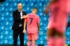 Real Madrid's head coach Zinedine Zidane pats Real Madrid's Eden Hazard as he leaves the pitch during the Champions League, round of 16, second leg soccer match between Manchester City and Real Madrid at the Etihad Stadium in Manchester, England, Friday, Aug. 7, 2020. (Peter Powell/Pool Photo via AP)