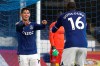 Everton's James Rodriguez, left, celebrates after scoring his side's fourth goal during the English Premier League soccer match between Everton and Brighton at the Goodison Park stadium in Liverpool, England, Saturday, Oct. 3, 2020. (Jan Kruger/Pool via AP)