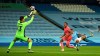 Real Madrid's goalkeeper Thibaut Courtois saves a shot by Manchester City's Gabriel Jesus during the Champions League, round of 16, second leg soccer match between Manchester City and Real Madrid at the Etihad Stadium in Manchester, England, Friday, Aug. 7, 2020. (Oli Scarff/Pool Photo via AP)