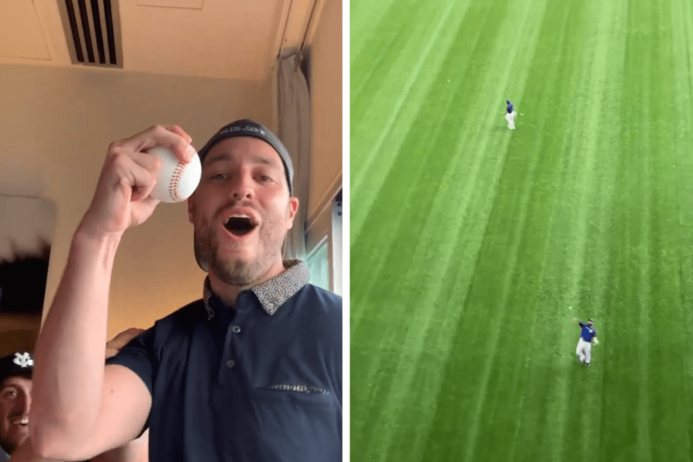 Sonia Bovolini - Supplied
Domenic Coccia (left) caught a ball thrown by Blue Jays mental performance coach Jimmy Van Ostrand (right) in a viral video.