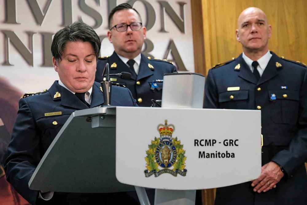 Manitoba RCMP commanding officer Jane MacLatchy held an emotional news conference Saturday following the death of Const. Allan Poapst, who was killed in a car crash Friday afternoon. (Daniel Crump/Winnipeg Free Press)