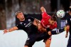 New York City FC midfielder Valentin Castellanos battles against Toronto FC defender Omar Gonzalez, right, during the second half of an MLS soccer match, Sunday, July 26, 2020, in Kissimmee, Fla. (AP Photo/John Raoux)