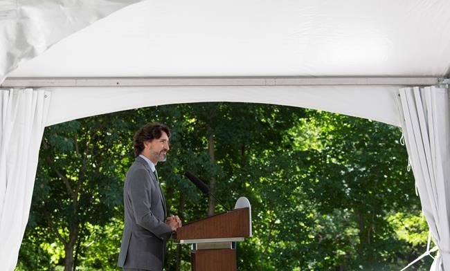 Prime Minister Justin Trudeau is seen during a news conference at Rideau Cottage in Ottawa on Monday June 15, 2020. THE CANADIAN PRESS/Adrian Wyld
