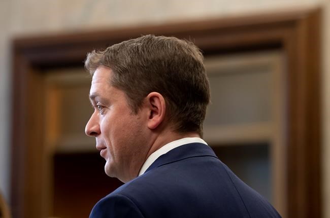 Leader of the Opposition Andrew Scheer speaks with the media in the Foyer of the House of Commons in West Block, Thursday November 28, 2019 in Ottawa. THE CANADIAN PRESS/Adrian Wyld