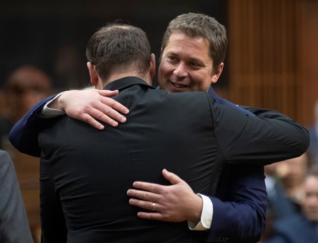 Conservative MP's pay their respects to Leader of the Opposition Andrew Scheer following the announcement he will step down as leader of the Conservatives, Thursday December 12, 2019 in the House of Commons in Ottawa. THE CANADIAN PRESS/Adrian Wyld