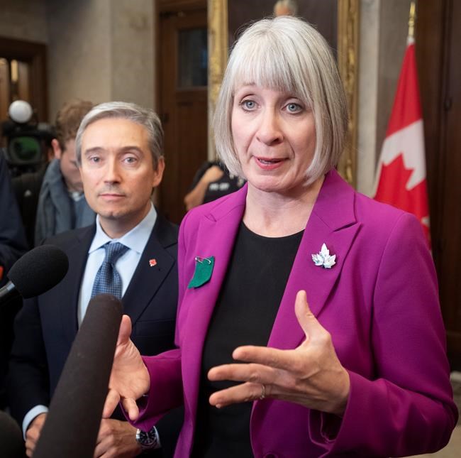 Foreign Affairs Minister Francois-Philippe Champagne looks on as Minister of Health Patty Hajdu responds to a question in the Foyer of the House of Commons in Ottawa, Tuesday, January 28, 2020. THE CANADIAN PRESS/Adrian Wyld