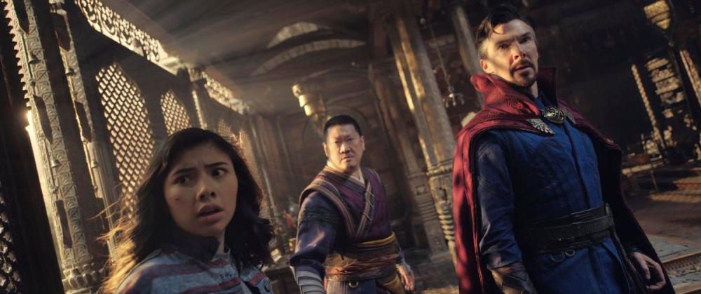 - MARVEL STUDIOS VIA AP
Xochitl Gomez as America Chavez, Benedict Wong as Wong and Benedict Cumberbatch as Dr. Stephen Strange in a scene from “Doctor Strange in the Multiverse of Madness.”