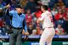 Matt Slocum - The Associated Press
The Philadelphia Phillies' Kyle Schwarber reacts to umpire Angel Hernandez’s call after striking out during the ninth inning of a Brewers-Phillies game Sunday.