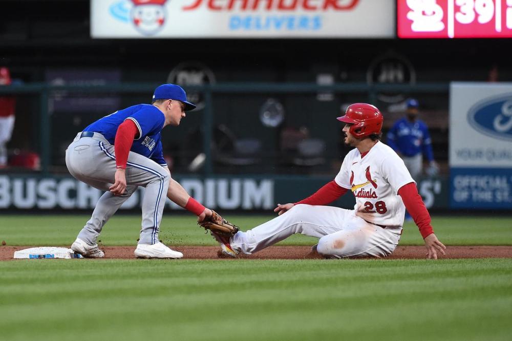 Joe Puetz - GETTY IMAGES
Blue Jays infielder Matt Chapman tags Nolan Arenado out on the bases during Monday’s game against the St. Louis Cardinals. The two third basemen have a deep respect for one another.