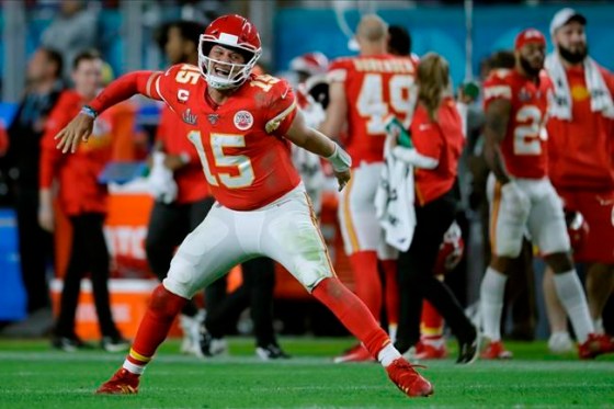 Kansas City Chiefs' quarterback Patrick Mahomes celebrates his touchdown pass to Damien Williams in the the second half of the NFL Super Bowl 54 football game Sunday, Feb. 2, 2020, in Miami Gardens, Fla. (AP Photo/John Bazemore)
