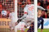 Toronto FC forward Ifunanyachi Achara (99) heads his team's game winning goal as New York City midfielder James Sands (16) looks on during second half MLS action in Toronto on Saturday March 7, 2020. THE CANADIAN PRESS/Chris Young