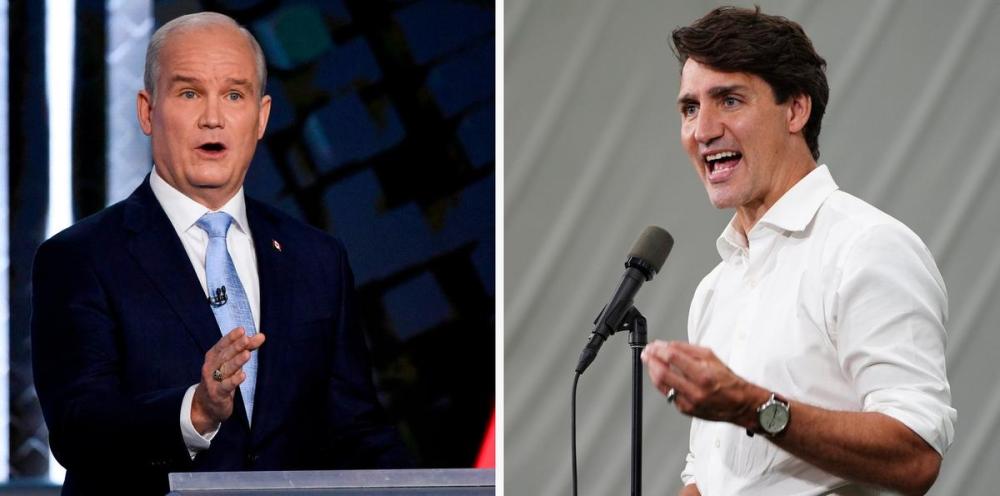 Sean Kilpatrick - THE CANADIAN PRESS
Left, In this file photo taken on Sept. 9, Conservative Leader Erin O'Toole speaks during the federal election English-language Leaders debate in Gatineau, Que. Right, Liberal Leader Justin Trudeau makes a campaign stop at Soccer World in Hamilton, Ont., on Sept. 10.
