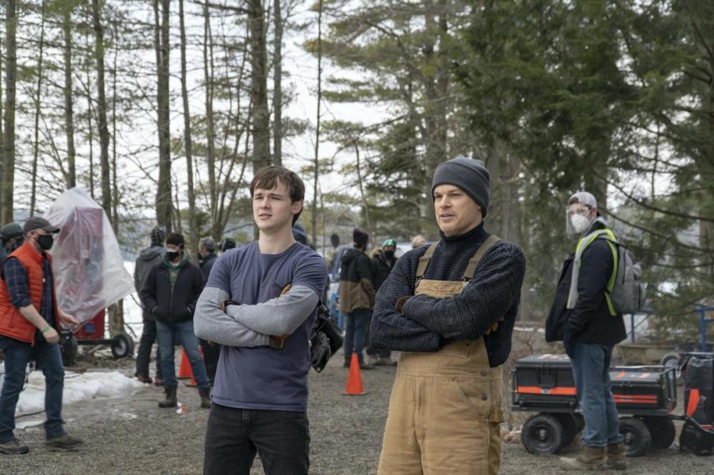 Seacia Pavao - SEACIA PAVAO/SHOWTIME
Michael C. Hall, right, and Jack Alcott, who play Dexter and Harrison Morgan, behind the scenes on the set of