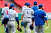 Toronto Blue Jays' Shun Yamaguchi and teammates walk to the bull pen during the first inning of a baseball game against the Boston Red Sox, Sunday, Aug. 9, 2020, in Boston. (AP Photo/Michael Dwyer)