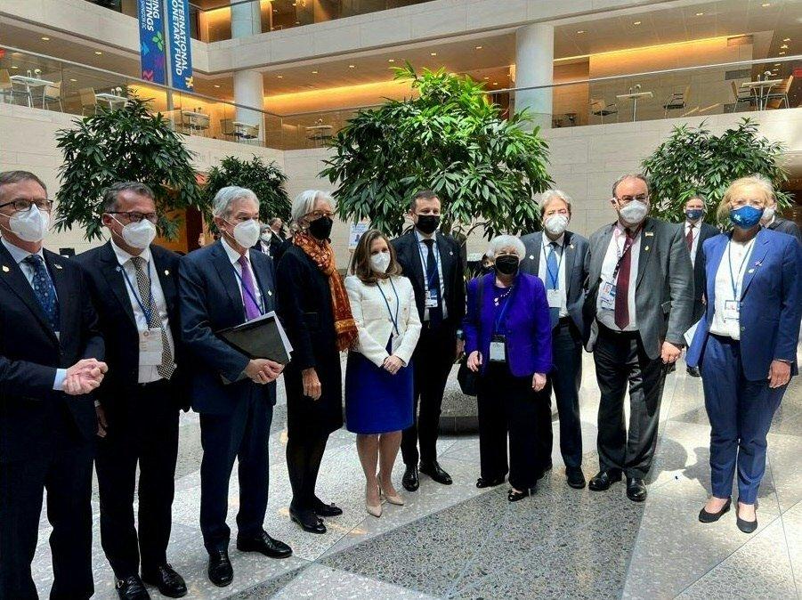 - Government of Canada/AFP via Getty Images
A photograph released by the Canadian government shows Deputy Prime Minister and Minister of Finance Chrystia Freeland (fifth from left) posing for a photo with other finance ministers after a G20 meeting in Washington on Wednesday.