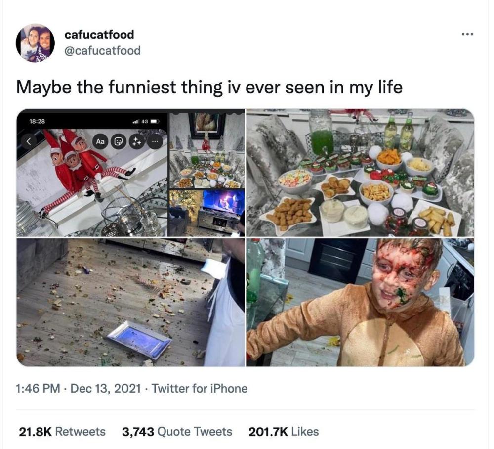 @CAFUCATFOOD - TWITTER
A mother in Northern Ireland hired a Grinch impersonator for her son's party, only to watch as he allegedly trashed her house.
