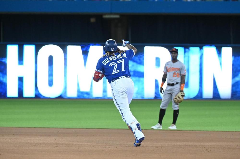 Jon Blacker - THE CANADIAN PRESS
Vladimir Guerrero Jr. makes the rounds in the fourth inning after his first of two home runs against the Orioles at the Rogers Centre on Monday night.
