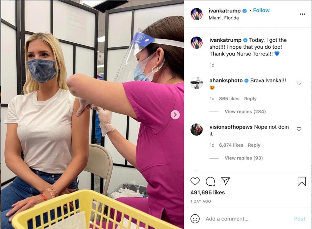 @IVANKATRUMP - INSTAGRAM
A glance at the responses on Twitter and Instagram to Ivanka Trump’s vaccine photo suggest she is damned if she does and damned if she doesn’t, writes Vinay Menon.