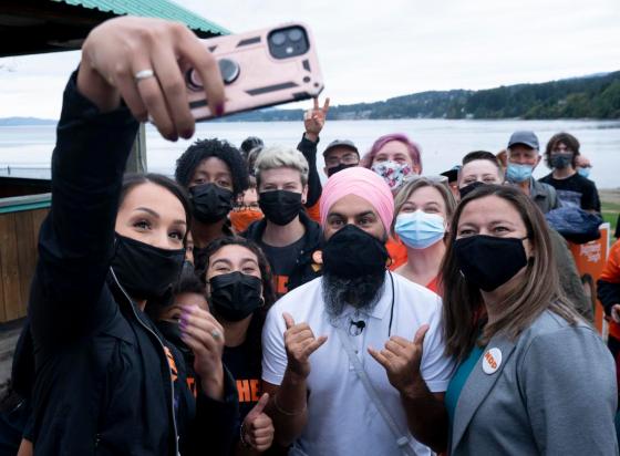Adrian Wyld - THE CANADIAN PRESSFederal New Democratic Party Leader Jagmeet Singh poses for a photo with supporters during a campaign stop in Ladysmith, B.C. on Aug. 31, 2021.