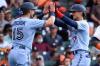 Eric Christian Smith - AP
Blue Jay Cavan Biggio celebrates his second-inning home run with teammate Randal Grichuk in Houston, Biggio’s hometown, on Saturday night.