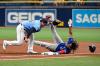 Douglas P. DeFelice - GETTY IMAGES
After drawing a first-inning walk, Blue Jay Vladimir Guerrero Jr. strayed too far off first base and was picked off, Tampa’s Ji-Man Choi applying the tag on Saturday.