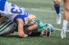 CP
Saskatchewan Roughriders running back Jamal Morrow is taken down by Noah Hallett on Sunday. (Kayle Neis / The Canadian Press)