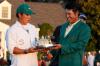 David J. Phillip - The Associated Press
Hideki Matsuyama, right, checks out the Masters trophy with caddy Shota Hayafuji after Sunday’s round.