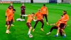 Real Madrid's Toni Kroos, center, and Real Madrid's Sergio Ramos, right, exercise during a training session prior the Champions League group B soccer match between Borussia Moenchengladbach and Real Madrid in Moenchengladbach, Germany, Monday, Oct. 26, 2020. (AP Photo/Martin Meissner)