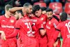 Leverkusen's Kai Havertz, center, is celebrated by his team after he scored the opening goal during the German Bundesliga soccer match between Bayer Leverkusen and Fortuna Duesseldorf in Leverkusen, Germany, Sunday, Jan. 26, 2020. (AP Photo/Martin Meissner)
